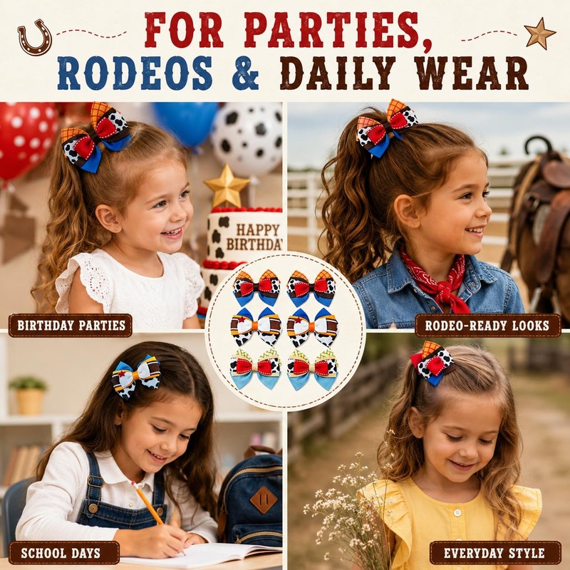 Danyarts 6 Pack Cowboy Hair Bows for Girls, Western Cowgirl