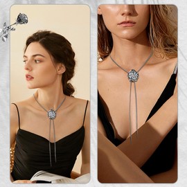 Flongo Women's Flower Long Necklace Choker Chain: V Y-Shaped Stainless Steel Collar Human Personality Exquisite Metal Loose Elegant Pendant Adjustable Birthday Accessory for Mother Party Jewelry,