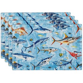 Blue Fish Placemats Set of 4 Fishing Table Mats Ocean Place Mats Decor Imitation Linen Heat Resistant Tablecloth for Dining Decorations Kitchen Party Restaurants 12''x18''