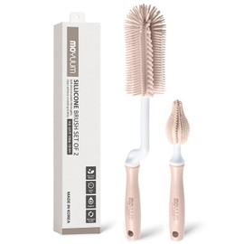 Moyuum Silicone Baby Bottle and Nipple Brush Set | Made in Korea, 360 Degree Rotating Handle, Soft Bristles, Hanging Hole for Quick Drying and Storage, Dishwasher Safe (Coral Beige)