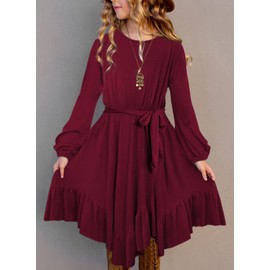 blibean Girl Fall Boho Dress Kid Long Sleeve Tween Bohemian Burgundy Round Neck Child Dresses Solid Maxi Flowy Swing Clothes Size 4-5T Small Wine Red