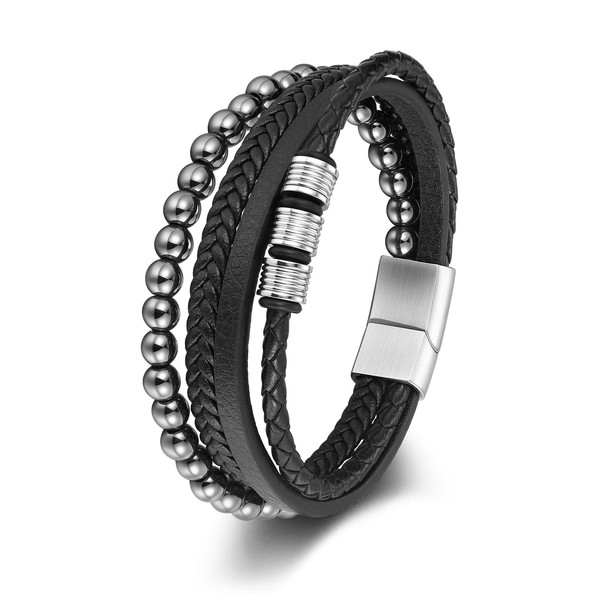 PiercingJak Herren Armband Hämatit Steine Lederarmband für Männer Armreif aus