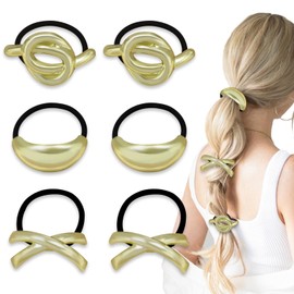 BangBoom 6 Pieces Gold Hair Ties, 3 Styles Metal Geometric Hair Cuffs, Golden Ponytail Holder for Women Thick Bands Hairstyle Accessories (6)