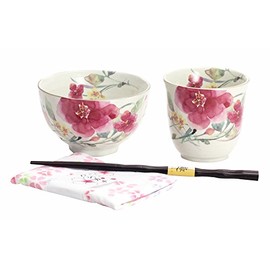 Flower Watercolor Rice Bowl with Tea Bowl (handkerchief)