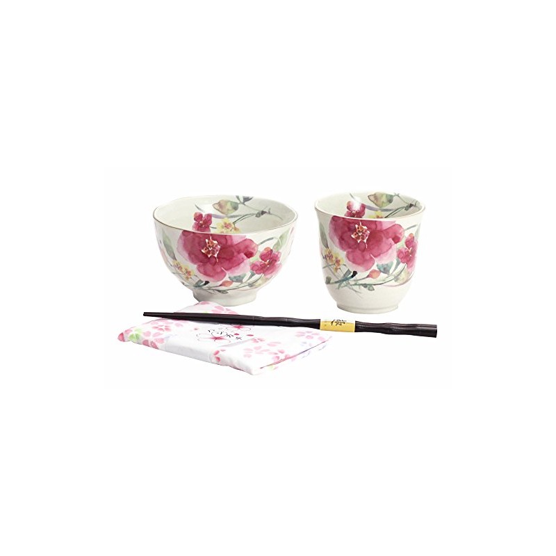 Flower Watercolor Rice Bowl with Tea Bowl (handkerchief)