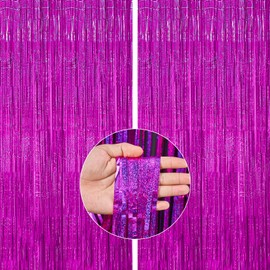 PartyWoo 2 pcs Hot Pink Foil Fringe Curtain, Metallic Foil Tinsel Fringe Backdrop door Fringe for Birthday Wedding Party Photo Backdrop