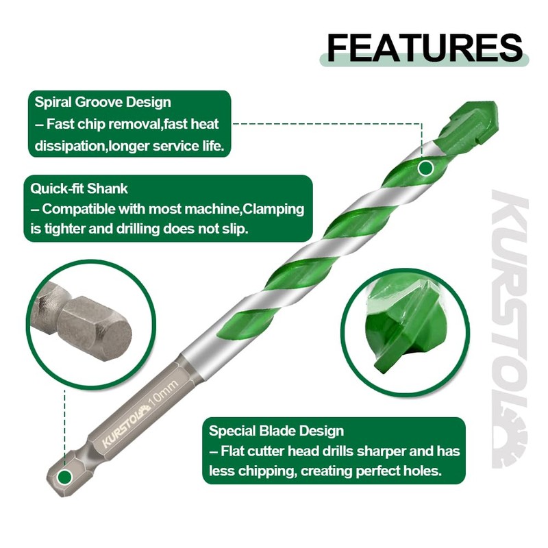 KURSTOL Masonry Drill Bit Set - 10pcs 1/8"-1/2" Concrete Diamond