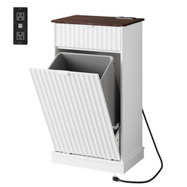 WLIVE 10.5 Gallon Tilt Out Trash Can Cabinet, Hidden Trash Can Cabinet with 2 AC+ USB Outlets, Storage Drawer, Food/Clothes Storage Pet Proof Kitchen Trash bin Cabinet for Home, Launday (White)