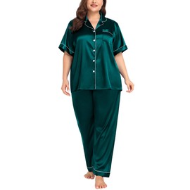 SWOMOG Plus Size Silk Pjs for Women Satin Pajamas Bridal Pajama Set V-Neck Classic Pj Set for Pajama Party 2 Piece Loungewear 24W Dark Green