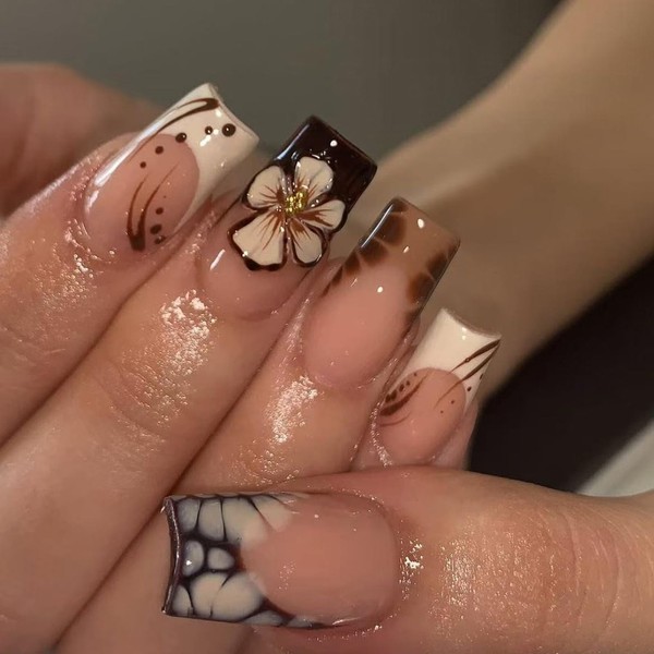 24 PCS French Color-blocked Flower Press on Nails Medium Fake