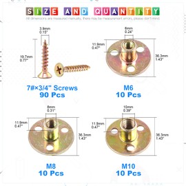 Glarks 120Pcs M6 M8 M10 Brad Hole Tee Nut with Screws Assortment Set Zinc Plated Carbon Steel 3-Hole T-Nuts Furniture Hardware Flange Insert Female Thread for Wood Furniture
