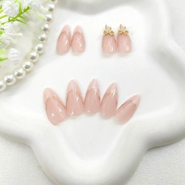 24Pcs French Tip Press on Nails Medium Almond Fake Nails with 3D Bow Lines Designs Glue on Nails Pink Full Cover Artificial Stick on Nails for Women Girls