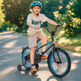 BABY JOY Kids Bike, 18 Inch Sport Style Children's Bicycle with Vivid Color, Training Wheels, Adjustable Handlebar & Saddle, Handbrake & Coaster Brake, Boys Girls Bike for 4-8 Years Old (Black & Blue)