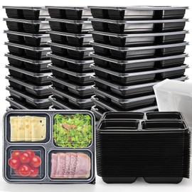 Noamus 50 Pack Meal Prep Containers, 4 Compartment Food Prep Storage Box with Lids, 30oz Disposable Plastic Bento Lunch Box, Leakproof To Go Containers for Portion Control, Microwave&Freezer Safe