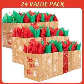 Kiddokids 24 Pack Christmas Gift Bags, 7x 8.6 x 3'' Christmas Kraft Paper Bags with Tissue Paper for Xmas Treat Bags, Holidays Decorations, Wrapping Xmas Holiday Presents, Christmas Party Favors