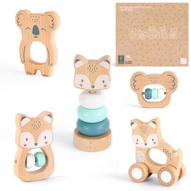Freniland Wooden Montessori Toys, 5-Piece Wooden Baby Toy, Koala Baby Rattle, Fox Stacking Ring, Little Fox Push and Pull Toys,Koala Holding Toy