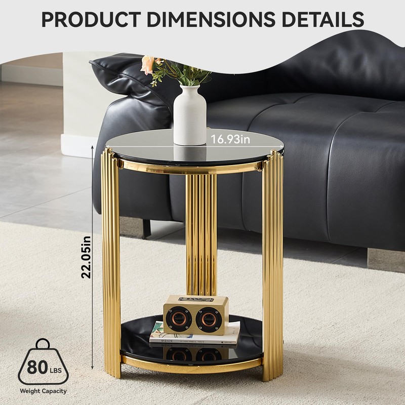 Glass Round End Table with 2-Tier Storage, Black Tempered Glass