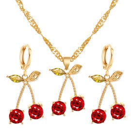 Red Cherry Crystal Jewelry Set Gold Plated Dainty Sweet Fruit Green Leaf Summer Tropical Fruits Chic Rhinestones Cubic Zirconia Earrings Necklace for Women Wedding Bridal Mother's Day Jewelry Gifts (Gold)
