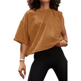 Carpetcom Oversized Workout Shirts for Women Short Sleeve Casual Drop Shoulder Basic Crop Tops Loose Fit Gym Yoga Athletic Boxy Tee Camel
