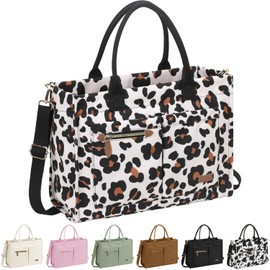 ELONGRIVER Canvas Tote Bag for Women, Large Work Tote Bags with Compartments, Zipper Crossbody Handbag for Teacher, College Leopard Print