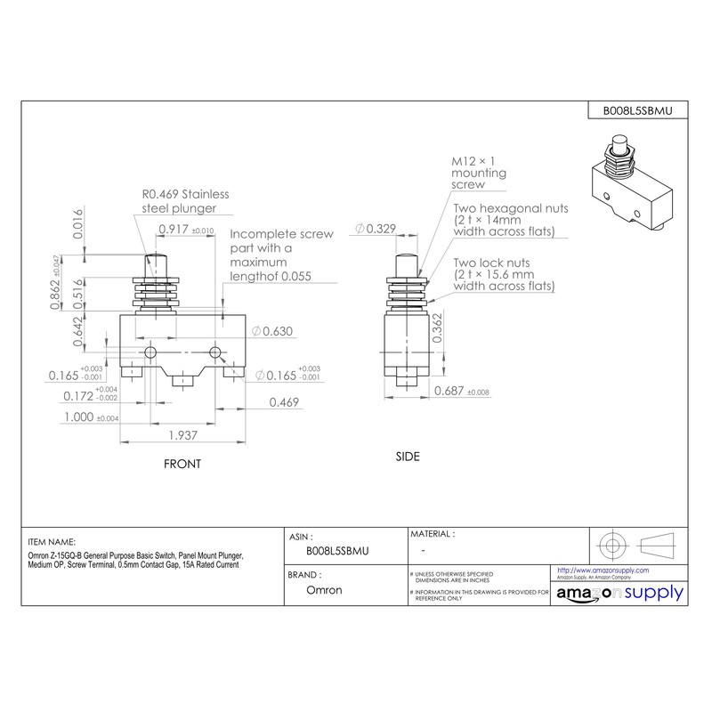 Omron Z-15GQ-B General Purpose Basic Switch, Panel Mount Plunger, Medium