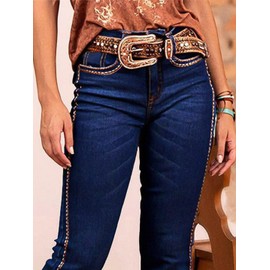 Flamingals Women's Floral Embroidery Mid Waist High Stretch Bootcut Jeans with Pockets Denim Navy Blue XL