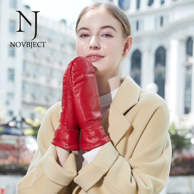 NOVBJECT Women Leather Mittens Finger Rabbit fur Lining Winter Sheepskin