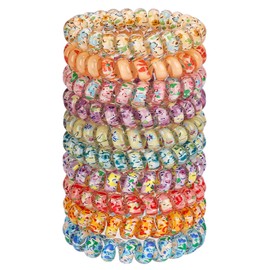 JessLab Spiral Hair Ties for Ladies, 10-Pack Elastic Cute Plastic Coil Bands, No-Damage Accessory for Women and Children with Thick or Thinning Hair, Silkscreen Floral Print