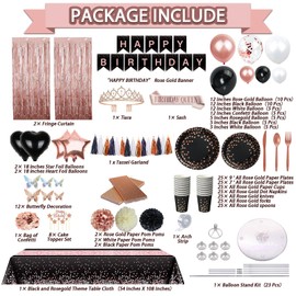 Guudmua 295 Pcs Black And Rose Gold Birthday Decorations, Birthday Decorations for Women or Girl Kit- Disposable Dinnerware Set with 25 Guest, Balloons, Sash, Tiara, Banner, Paper Pom Poms