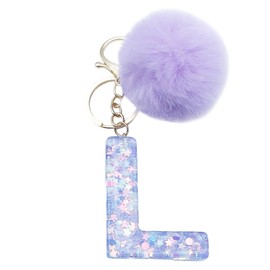 Unpafcxddyig Initial Letter Resin Alphabet Key Rings with Fur Ball Pom pom keychains Purple for Purse Handbags Women,Letter L