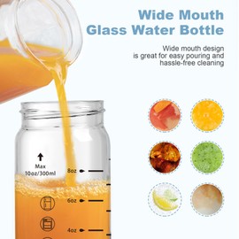 Olivego 10oz Juice Bottles - 4 Pack Wide Mouth Glass Bottles with Lids- BPA Free, Stainless Steel Lids for Juicing, Smoothies, Infused Water, Beverage Storage - Leakproof, Borosilicate, Clear