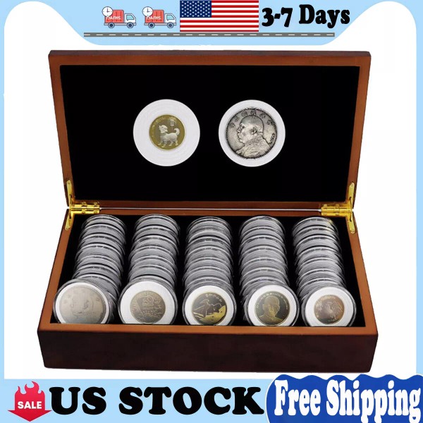 Unbranded 50Pcs 46MM Coins Capsules w/Wooden Storage Box Cushion Container