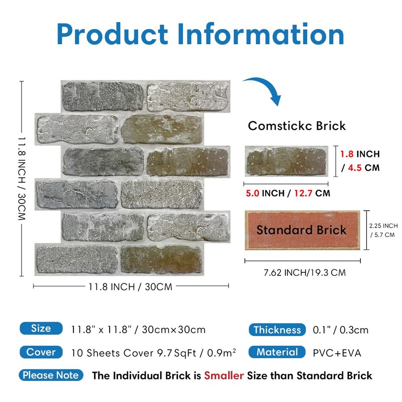 COMSTICKC 10 Pcs 3D Faux Brick Wall Panel, Peel and