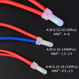 250-Piece Set of 250 Connectors with Insulated Sheath Connector Cap, AWG 22-16, 16-14, 12-10, CE Type, Crimp Terminal, Cap, Tacho Sleeve, Wiring, Replacement, Easy to Use
