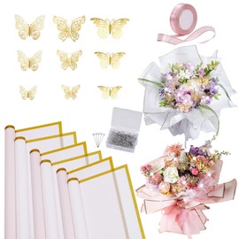 Magnoloran 157Pcs Flower Bouquet Wrapping Paper Kit, 20 Sheet Pink&White Waterproof Floral Packaging Paper with Ribbon, 100Pcs Diamond Pins, 36Pcs Gold Butterflies for Valentine Wedding Graduation