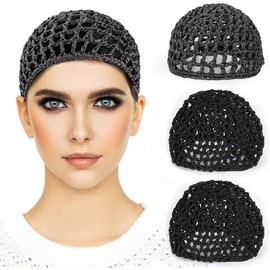 3 Pieces Mesh Crochet Hair Net Snoods for Women, Soft Rayon Knit Crochet Hairnet Hair Cover Accessory for Sleeping - Color: Black, Black, Gray