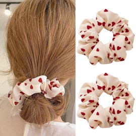 Valentine’s Day Hair Scrunchies for Women Heart Hair Ties Cute Red Heart Hair Bands Sweet Hair Scrunchy for Girls White Ponytail Holders Non-Slip Hair Elastic Valentine’s Party Hair Accessories 2Pcs