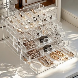 Acrylic Jewelry Box With 5 Drawers Clear Earring Storage Organizer Display Case Earring Organizer Box with Compartment Tray Transparent Jewelry Holder Organizer for Earrings Necklace Rings Bracelet