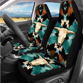 ZFRXIGN Western Car Seat Covers Full Set for Women Men Goat Skull Car Accessories Auto Interior Set Protector Western Car Steering Wheel Cover/Seatbelt Cover/Coasters/Key Chains Aztec Turquoise
