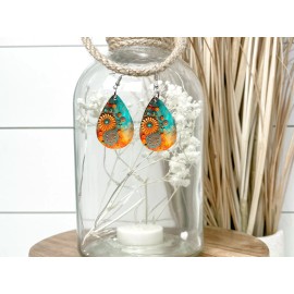 Twisted R Design Orange Turquoise Floral Wood Dangle Teardrop Print Earrings Jewelry