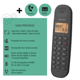 Logicom Iloa 155T Cordless Landline Telephone with Answering Machine - Solo - Analog and DECT Phones - Black