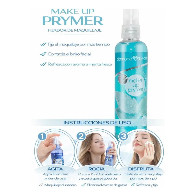 Kit 3 Fijadores Primerdiamond Beauty Rosas Mora Menta 135 Ml