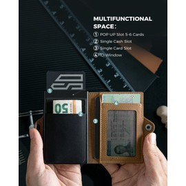 DODENSHA Airtag Wallet, Men's Genuine Leather Slim Credit Card Holder, Metal RFID Blocking Pop Up Credit Card Wallet Smart Wallet for Men with Coin Pocket & ID Window