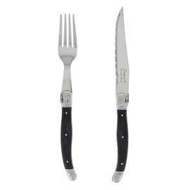 French Home Laguiole Steak Knives & Fork Set – 4 Steak Dinner Forks & 4 Serrated Steak Knives – Stainless Steel Black Silverware Set – Dishwasher-Safe, Luxurious Fork & Steak Knife Set (8 Pcs)