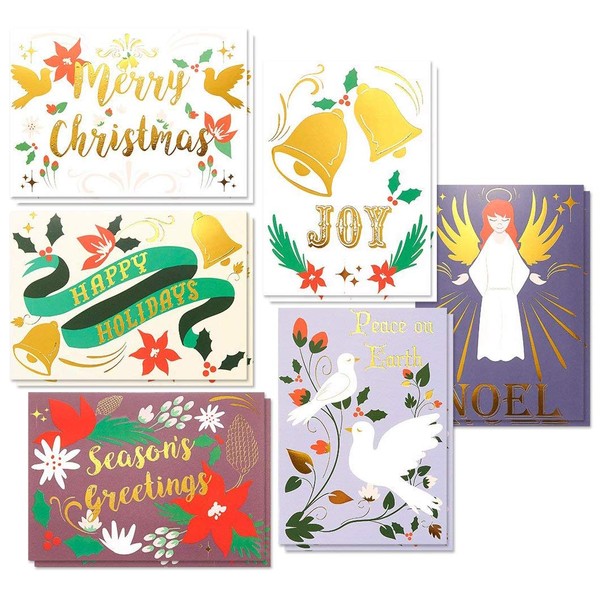 48-Pack Merry Christmas Greeting Cards Bulk Box Set - Winter Holiday Xmas Greeting Cards in 6 Fancy Designs with Gold Foil Accents, Envelopes Included, 4 x 6 Inches