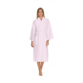 Waffle Robe for Women by BOCA TERRY, Waffle Knit Robe, Long Cotton Kimono Hotel Bathrobe, Pink Medium/Large