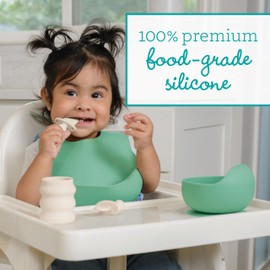 Infantino Baby Led Weaning Kit, 5-Piece Essentials Set - Includes Silicone Bib, Suction Bowl, Training Cup & Spoons, BPA-Free & Top-Rack Dishwasher Safe, Cream & Spearmint