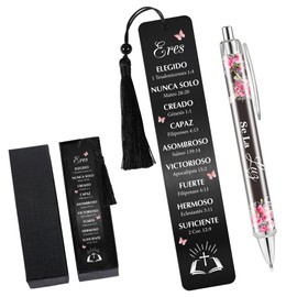 Spanish Christian Bookmark and Pen Gift, Inspirational Bible Verse Metal Book Mark with Tassel and Pen, Book Markers for Women Men Students, Office or Back to School Stationery Gift Set