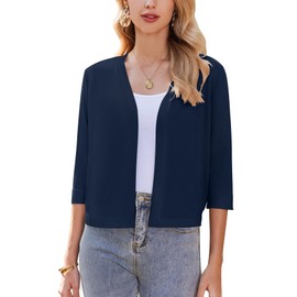 Zeagoo Women's Bolero Festive Elegant Cardigan 3/4 Sleeve Bolero Jacket Short Shoulder Jacket Open Front Cardigan Casual Solid Top S-XXL, navy blue, XL