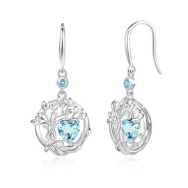 FANCIME Tree of Life Earrings 925 Sterling Silver Dainty Blue Aquamarine Dangle Drop Gemstone Earring March Birthstone Fine Jewelry Birthday Gifts for Her Women